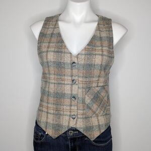 Vintage Plaid Wool Vest in Beige and Sage Green